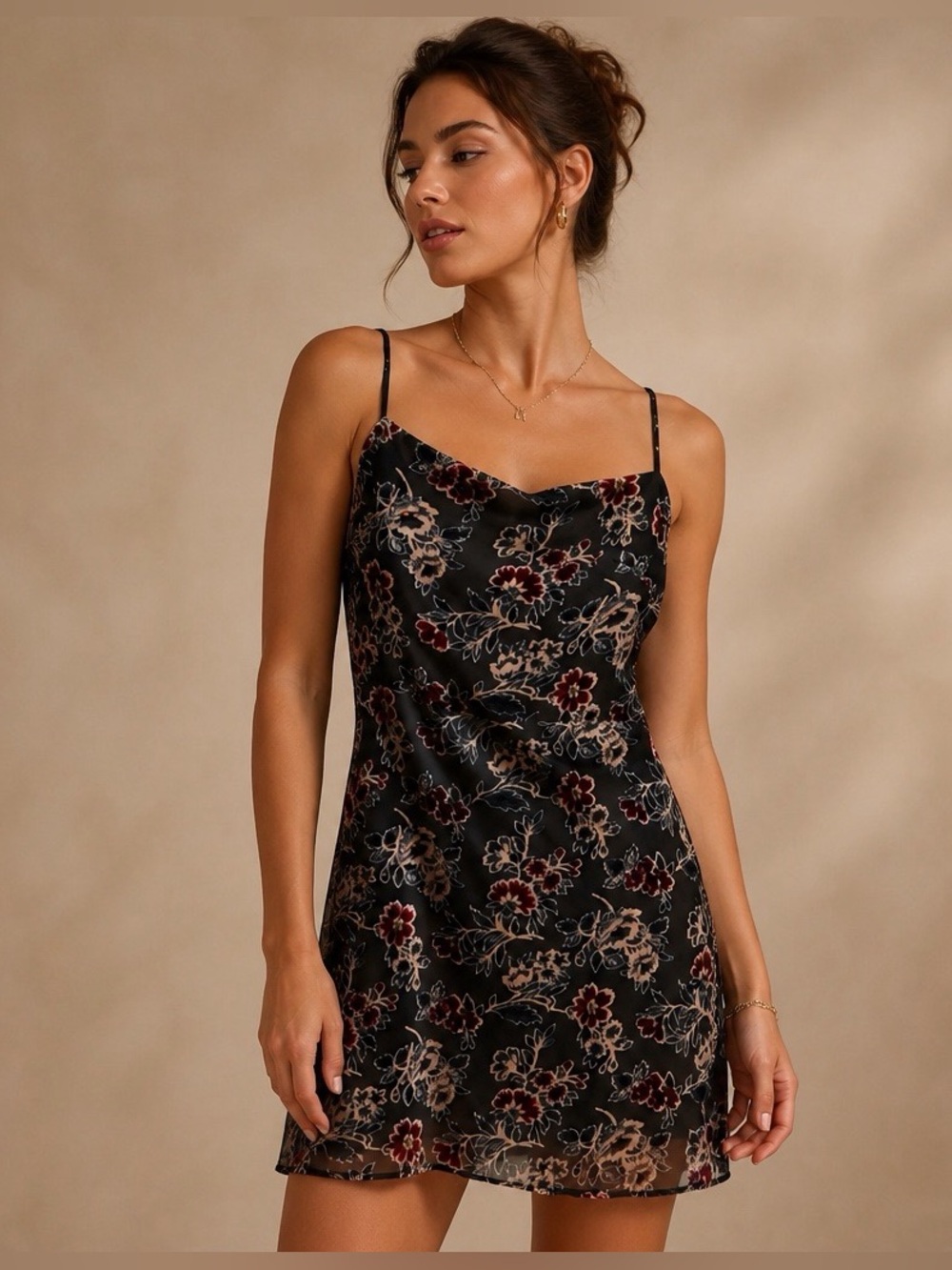 Lush Floral Velvet Burnout Cami Mini Dress Black Burgundy Blue M